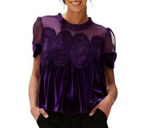 Damen T Shirt Samt Und Spitze Lässig Rundhalsausschnitt Kurze Ärmel Ausgestelltes Top Elegantes Aufwendiges Rücken IGN Sport Tshirt Lang Frauen Sommer Kurzarm Tops Oversized Longshirt Lila S