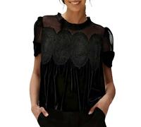 Damen T Shirt Samt Und Spitze Lässig Rundhalsausschnitt Kurze Ärmel Ausgestelltes Top Elegantes Aufwendiges Rücken IGN Sport Tshirt Lang Frauen Sommer Kurzarm Tops Oversized Longshirt Schwarz XXL