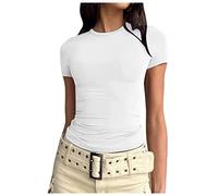 Damen-T-Shirt, schickes und elegantes Damen-T-Shirt, kurzärmelig, lässig, Rundhalsausschnitt, einfarbig, eng anliegend, Basic-Shirts, bequem, modisch, einfache Bluse, weiß, Small