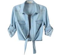 Damen T-Shirt Shirt 3/4 Ärmel Jeans Krawatte Bund Shirt Jacke Sommer Leicht Chic: Weiche Baumwolle Jeans (M, hellblau)