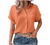 Damen T Shirt Sommer Musselin Bluse Damen Shirts Bluse Elegant Tunika Sommer Tshirt Kurzarm Leinen Knopf Blusen Oversized T-Shirt Casual für Leggings Orange