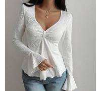 Damen T-Shirt Top aus strukturiertem Stoff, schmale Passform, tailliert, mit Glockenärmeln, Langarm, Pullover, Urlaubsstil