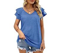 Damen T-Shirts Bluse V-Ausschnitt Rüschenärmel Sommer Oberteile Flatterärmel Basic T-Shirt Casual Elegante Bluse mit V-Ausschnitt doppellagige Rüschen kurzärmelige Oberteile Hemd Tunika S-XXL