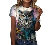 Damen T-Shirts Eule 3D Grafik Druck T-Shirt Rundhalsausschnitt Kurzarm Elegantes T-Shirt Sommer Tops für Damen Mädchen