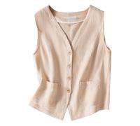 Damen Tank Top Ärmellos Linen Vest Casual Button Down Sleeveless Lightweight Business Jacket Waistcoat Elegant Elegantes Tanktop Sommer Ärmelloses Locker Große Größen Shirt Leinenbluse Blusentop Beige