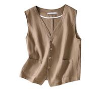 Damen Tank Top Ärmellos Linen Vest Casual Button Down Sleeveless Lightweight Business Jacket Waistcoat Elegant Elegantes Tanktop Sommer Ärmelloses Locker Große Größen Shirt Leinenbluse Blusentop Khaki