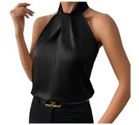 Damen Tank Top Ärmellos Silk Satin Camisole Top Neckholder Satinbluse Trägershirt Schulterfrei Seidentop Elegant Blusen Strand Bluse Oberteile Lässiges Tanktops Weste Locker Sommershirt (Black, XL)