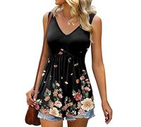 Damen Tank Top Lang T Shirt V Ausschnitt Ärmelloses Oberteile Elegant Tunika Longshirt Blusenshirt Blumen Drucken Rüschen Fließendes Bluse Longtops Tanktop Blusen Tuniken für Frauen
