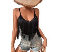 Damen Tank Top Mit Fransen - Sexy Spaghetti Cami Oberteile Elegant Boho Kleidung V Ausschnitt Konzert Outfit Rave Shirts Ärmellose Shirt Sommer Unterhemd Clothes(Black,M,10742r)