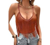 Damen Tank Top Mit Fransen - Sexy Spaghetti Cami Oberteile Elegant Boho Kleidung V Ausschnitt Konzert Outfit Rave Shirts Ärmellose Shirt Sommer Unterhemd Clothes(Brown,L,10742r)