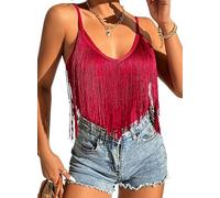 Damen Tank Top Mit Fransen - Sexy Spaghetti Cami Oberteile Elegant Boho Kleidung V Ausschnitt Konzert Outfit Rave Shirts Ärmellose Shirt Sommer Unterhemd Clothes(Red,M,10742r)