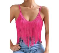 Damen Tank Top Mit Fransen - Sexy Spaghetti Cami Oberteile Elegant Boho Kleidung V Ausschnitt Konzert Outfit Rave Shirts Ärmellose Shirt Sommer Unterhemd Clothes(Pink,M,10742r)
