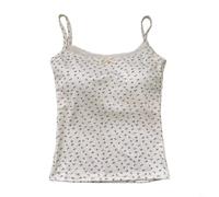 Damen Tank Top mit Spitze und eingearbeiteten Pads, ärmelloses Blusentop aus Stretchmaterial für Sommer, Floral Print, One Size(Apricot)