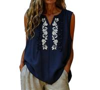 Damen Tank Top Sommer Ärmelloses Tanktop Für Mit Unregelmäßigem Karomuster Leinen-Baumwoll-Mischgewebe Und Stickerei Elegante Lässige Bluse Den Perfekt Alltag Freizeit Ärmellos T Shirt Marine XL