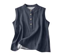 Damen Tank Top Sommer Baumwoll-Leinen Für Damen Lässiges Sommerhemd Basic-Knöpfe Einfarbig Ärmellos Shirt Tanktop Große Größen Basic Bluse Tops Locker Ärmellose T Oberteile Elegantes Oberteil Marine