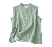Damen Tank Top Sommer Baumwoll-Leinen Für Damen Lässiges Sommerhemd Basic-Knöpfe Einfarbig Ärmellos Shirt Tanktop Große Größen Basic Bluse Tops Locker Ärmellose T Oberteile Elegantes Oberteil Minzgrün