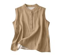 Damen Tank Top Sommer Baumwoll-Leinen Für Damen Lässiges Sommerhemd Basic-Knöpfe Einfarbig Ärmellos Shirt Tanktop Große Größen Basic Bluse Tops Locker Ärmellose T Oberteile Elegantes Oberteil Khaki