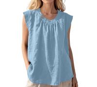Damen Tank Top Sommer Leinen Ärmellos Elegant Rundhalsausschnitt Musselin-Tanktop Bequeme Atmungsaktive Leinenbluse Schlichte Baumwoll-Tanktops Ärmelloses Sommertop Tops Locker Oversize Himmelblau S