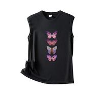 Damen Tank Top Sommer Rundhalsausschnitt Ärmellos Einfarbig Schmetterlingsdruck Lose Weste Sommertop Locker Tshirt Ärmellos Oberteile Tanktop Tops Lang Ärmelloses Shirt Leinenbluse Women Schwarz XL