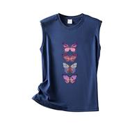 Damen Tank Top Sommer Rundhalsausschnitt Ärmellos Einfarbig Schmetterlingsdruck Lose Weste Sommertop Locker Tshirt Ärmellos Oberteile Tanktop Tops Lang Ärmelloses Shirt Leinenbluse Women Dunkelblau M