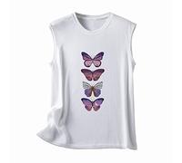 Damen Tank Top Sommer Rundhalsausschnitt Ärmellos Einfarbig Schmetterlingsdruck Lose Weste Sommertop Locker Tshirt Ärmellos Oberteile Tanktop Tops Lang Ärmelloses Shirt Leinenbluse Women Weiß L