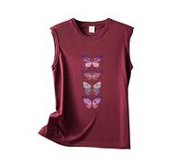 Damen Tank Top Sommer Rundhalsausschnitt Ärmellos Einfarbig Schmetterlingsdruck Lose Weste Sommertop Locker Tshirt Ärmellos Oberteile Tanktop Tops Lang Ärmelloses Shirt Leinenbluse Women Wein M