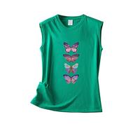 Damen Tank Top Sommer Rundhalsausschnitt Ärmellos Einfarbig Schmetterlingsdruck Lose Weste Sommertop Locker Tshirt Ärmellos Oberteile Tanktop Tops Lang Ärmelloses Shirt Leinenbluse Women Grün M