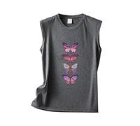 Damen Tank Top Sommer Rundhalsausschnitt Ärmellos Einfarbig Schmetterlingsdruck Lose Weste Sommertop Locker Tshirt Ärmellos Oberteile Tanktop Tops Lang Ärmelloses Shirt Leinenbluse Women Dunkelgrau
