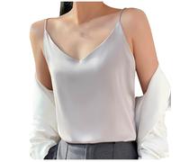 Damen-Tank-Top, Sommer-Tank-Top, Seidensatin, Spaghettiträger-Top, Spitzenbesatz, Hals-Design, Cami, Tank-Top, ärmellos, einfarbig, Tunika, Stretch, Urlaub, A02, Grau, L