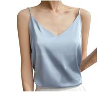 Damen-Tank-Top, Sommer-Tank-Top, Seidensatin, Spaghettiträger-Top, Spitzenbesatz, Hals-Design, Cami, Tank-Top, ärmellos, einfarbig, Tunika, Stretch, Urlaub, A01-Blau, 3XL