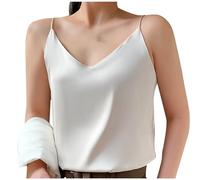 Damen-Tank-Top, Sommer-Tank-Top, Seidensatin, Spaghettiträger-Top, Spitzenbesatz, Hals-Design, Cami, Tank-Top, ärmellos, einfarbig, Tunika, Stretch, Urlaub, A02-Beige, L