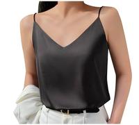 Damen-Tank-Top, Sommer-Tank-Top, Seidensatin, Spaghettiträger-Top, Spitzenbesatz, Hals-Design, Cami, Tank-Top, ärmellos, einfarbig, Tunika, Stretch, Urlaub, A01-schwarz, L