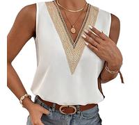 BKEPDY Shirts Damen Sommer Ärmellos Vausschnitt Bluse mit Spitze Basic T Shirt Elegant Casual Oberteile Locker Tshirt Freizeit Top Sommer Oberteil