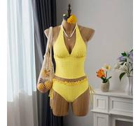 Damen Tankini 2-teiliges Set für den Sommer, Kaffee karierter Rüschen-Neckholder-Top, Bikinihose mit Raffung und Kordelzug