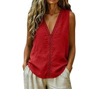 Damen Tanktop Ärmellose Mit Spitzenbesatz V-Ausschnitt Lockeres Oberteil Baumwolle Und Leinen Träger Top Tshirt Sommer Tank Große Größen Weiss T-Shirt Tops Für Summer Sexy Bluse Ärmellos Rot XXL