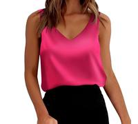 Damen Tanktop Ärmellose Seidensatin-Tanktops Mit V-Ausschnitt Lässig Einfarbig Sexy Ärmellos Camisole-Blusen Basic-Arbeitshemd Armellose T-Shirt Women Tops Sommer Oberteil Tank Top Hot Rosa L