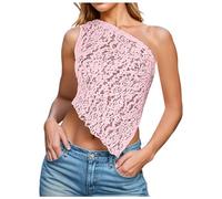 Damen Tanktop aus Spitze, eine Schulter, zum Binden hinten, Spaghettiträger, Bauchfreies Top, rückenfrei, Ausgeschnitten, Sommer-Ausgeh-Top Damen Pullover Langarm (Pink, S)