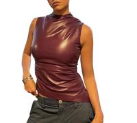 Damen-Tanktop aus weichem Leder, ärmellos, asymmetrisch, gerüscht, sexy, Stehkragen, plissiertes T-Shirt, Weinrot, Mittel