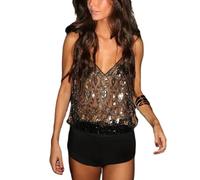 Damen-Tanktop, halbdurchsichtig, glitzernd, ärmellos, V-Ausschnitt, Blumenmuster, Pailletten, Camisole für Tanz, Rave, Schwarz, Klein