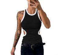 Damen-Tanktop mit geripptem Kontrastbesatz, einfarbig, Rundhalsausschnitt, elastisch, lässig, ärmellos, Sommerweste, schwarz, Größe M (XL Schwarz)