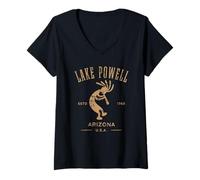 Damen Tanzender Kokopelli, Motiv: Lake Powell Arizona, Distressed-Design T-Shirt mit V-Ausschnitt