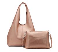 Damen Tasche XXL Set 2in1 Shopper Hobo Bag Schultertasche Cross Over Body Bag Umhängetasche Beuteltasche Handtasche Leder Optik Rosegold V2