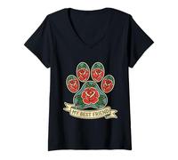 Damen Tattoo „My Best Friend Cat Paw Rose Old School Pet Lover“ T-Shirt mit V-Ausschnitt