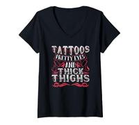 Damen Tattoos Pretty Eyes and Thick Thighs Tattooed Girl T-Shirt mit V-Ausschnitt