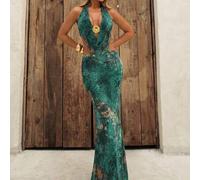 Damen Teal Sommer Resort Maxi Kleid, Leoparden-Muster Buchstaben-Muster Mesh Urlaub Strandbekleidung Party Elegant