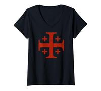 Damen Tempelritter Jerusalem Kreuz Rot Used-Look T-Shirt mit V-Ausschnitt
