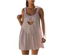 Damen-Tenniskleid, integrierter BH und Shorts, Taschen, ärmellos, lässig, Sommer, rückenfrei, Workout, athletisches Kleid, zweiteilig, Blassrosa grau, 48