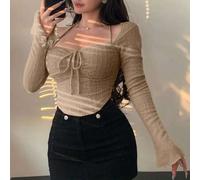 Damen Texturiertes, flauschiges Top mit Bindeband-Kragen und Glockenärmeln, Langarm T-Shirt, Pink, Herbst/Winter