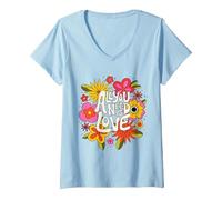 Damen The Beatles - Alles was du brauchst ist Liebe Retro-Blumen T-Shirt mit V-Ausschnitt, Himmelblau, XXL