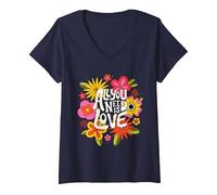 Damen The Beatles - Alles was du brauchst ist Liebe Retro-Blumen T-Shirt mit V-Ausschnitt, Marineblau, M